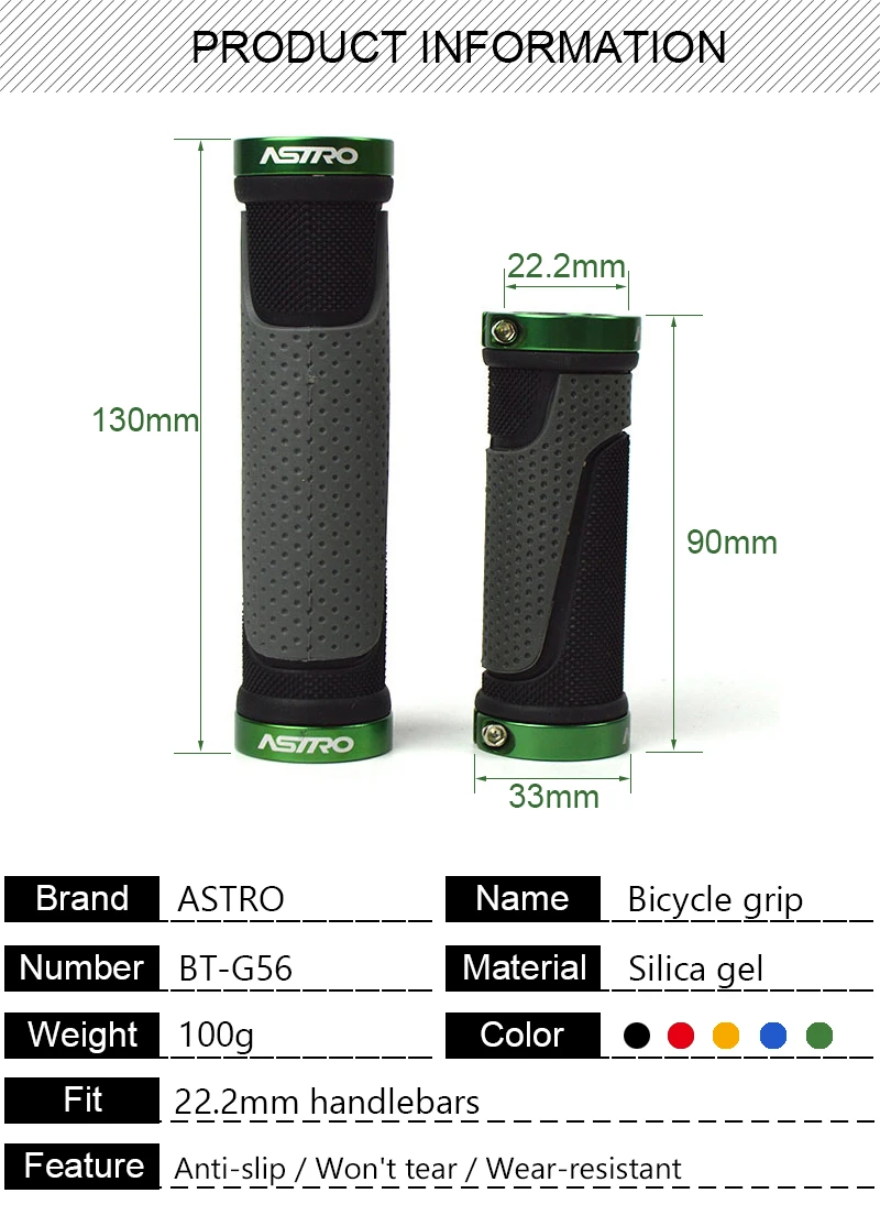JIBOO 1 Pair Long/Short Bicycle Grip for MTB Natural Rubber Aluminum Alloy Lock Ring Mountain Bike Grip 130mm Anti Slip Handle