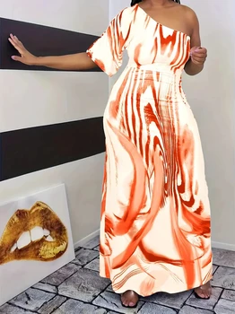 Plus size new women's fashion casual milk white printed single sleeved off shoulder dress long skirt 1