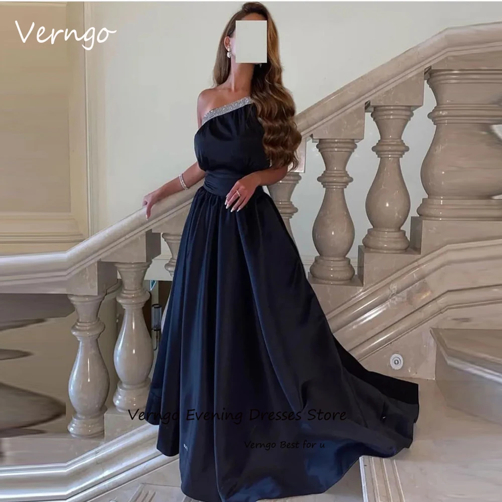 

Verngo Black Satin Long Evening Dresses Shiny Sequin One Shoulder Floor Length Prom Gowns Formal Night Pary Dress