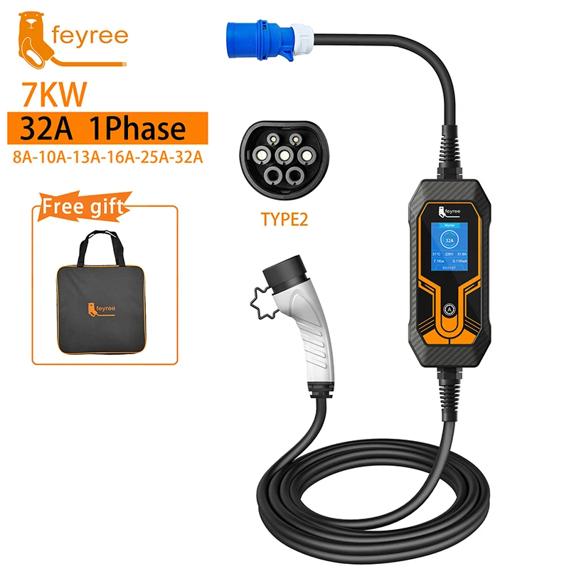 Portable EV Charger Wallbox Type2 Cable 32A 7KW