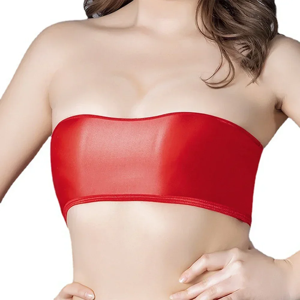 Sexy Women Ultra-Thin Oily Gloss Tube Strapless Elastic Stretch Bra Crop Top Tight Seamless Ladies Breathable Underwear Tops