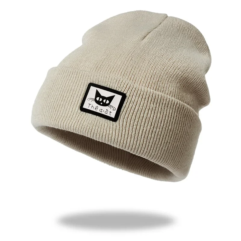 Autumn Winter New Fashion Trendy Knitted Hat for Women Pink Solid Patch Cute Cat Cuffed Beanies Female Ski Hat Girls 5