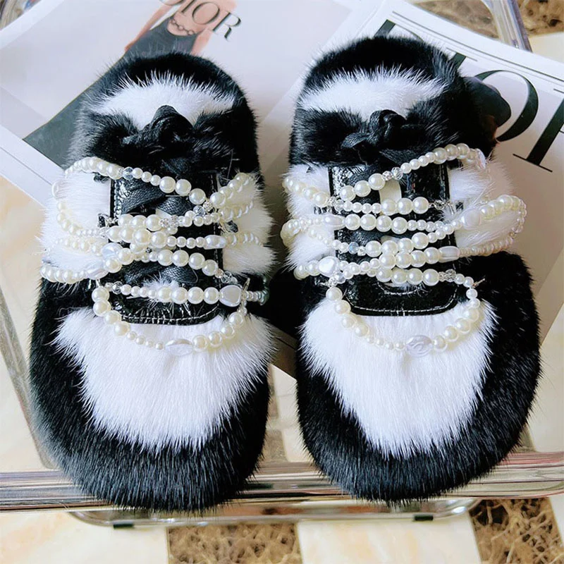 

Luxury Women's Pear Chain Slippers High Quality Mink Hair Autumn Outdoor Sports Plush Baotou Shoes 2023 European Station New