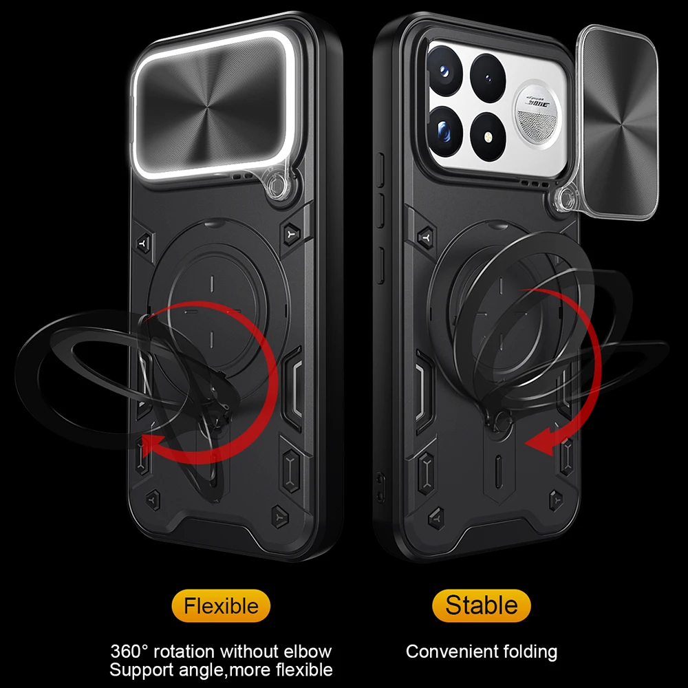 Slide Camera Shield Phone Case with Magnetic Ring Stand - Full Protection Shockproof Cover