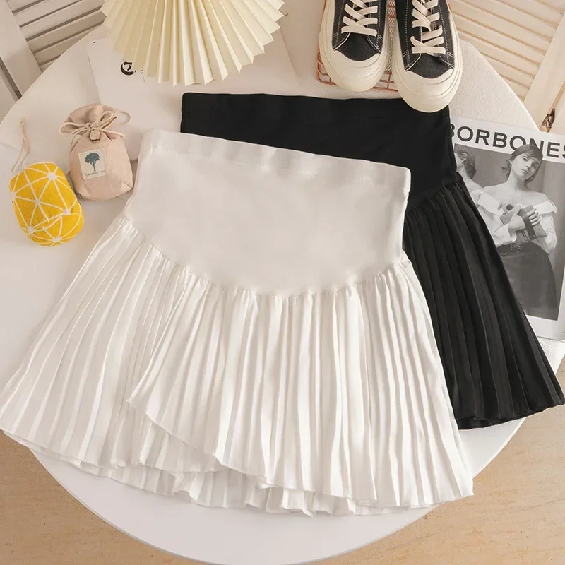 Summer Maternity Belly Skirts Adjustable High Waist Pregnant Woman Mini Skirt with Shorts Lining Irregular Chiffon Pleated Skort