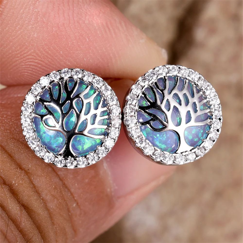 Blue Opal Round Stone Cute Life Tree Stud Earrings For Women Vintage Silver Color Wedding Jewelry Bridal Engagement Gifts