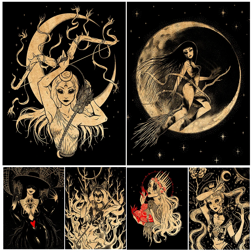 

Sabbath Mysterious Moon Witch And Spider Girl Vintage Wall Art Canvas Painting Wicca Pagan Gothic Art Poster Print Home Decor