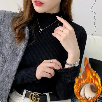 الشتاء الياقة المدورة سترة تريكو المرأة أنيقة رشاقته المخملية اصطف البلوزات الدافئة بلوفر مغزول سليم القمم جيرسي البلوز جديد 3