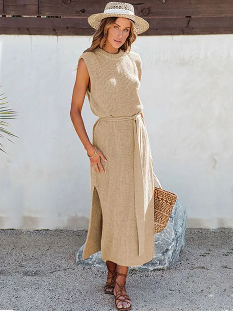 

2023 Autumn Women Elegant Round Neck Commuter Belt Slit Dress Solid Color Beachwear Cover-ups Chic Sleeveless Knit Outfit A2742