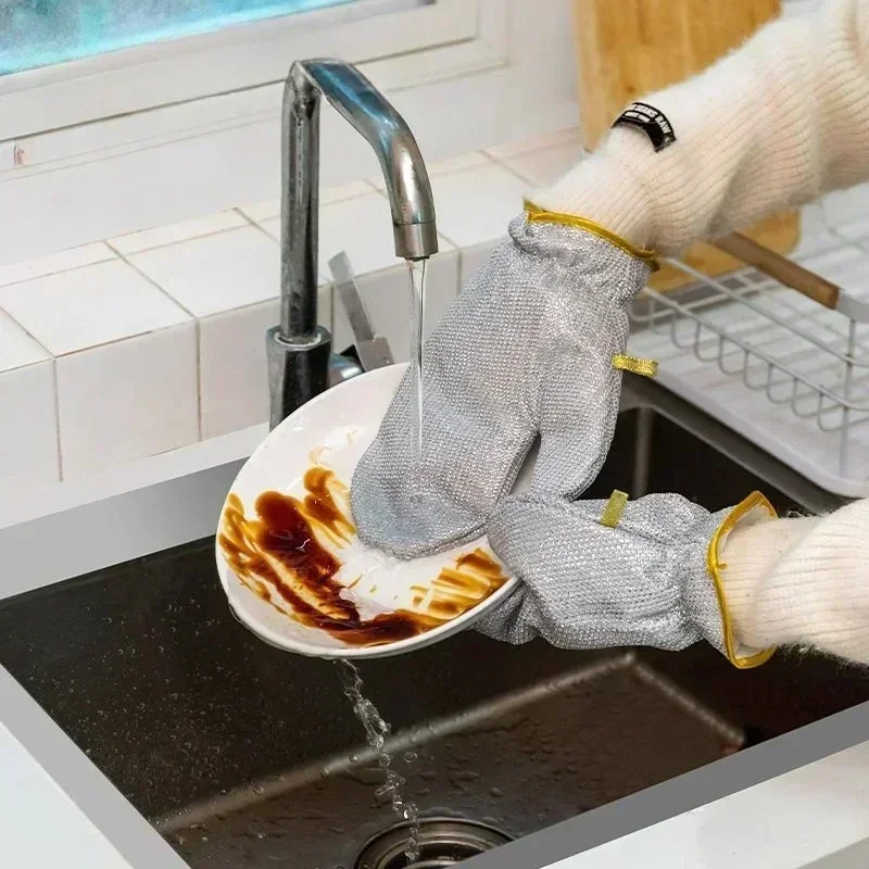 1 Pair Housework Cleaning Gloves Steel Wire Ball Dish Washing Gloves Kitchen Waterproof Brush Oil Bowl Artifact Cleaning Tools