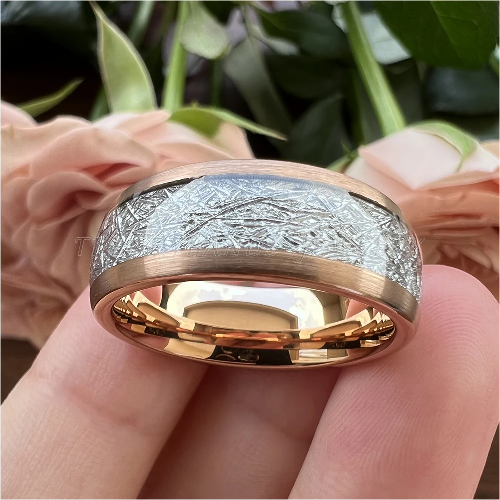 8 mm, 3 Farben, Meteorit-Inlay, Wolframkarbid-Ringe für Männer und Frauen, Ehering, gewölbtes, gebürstetes Finish, bequeme Passform – Detail 1