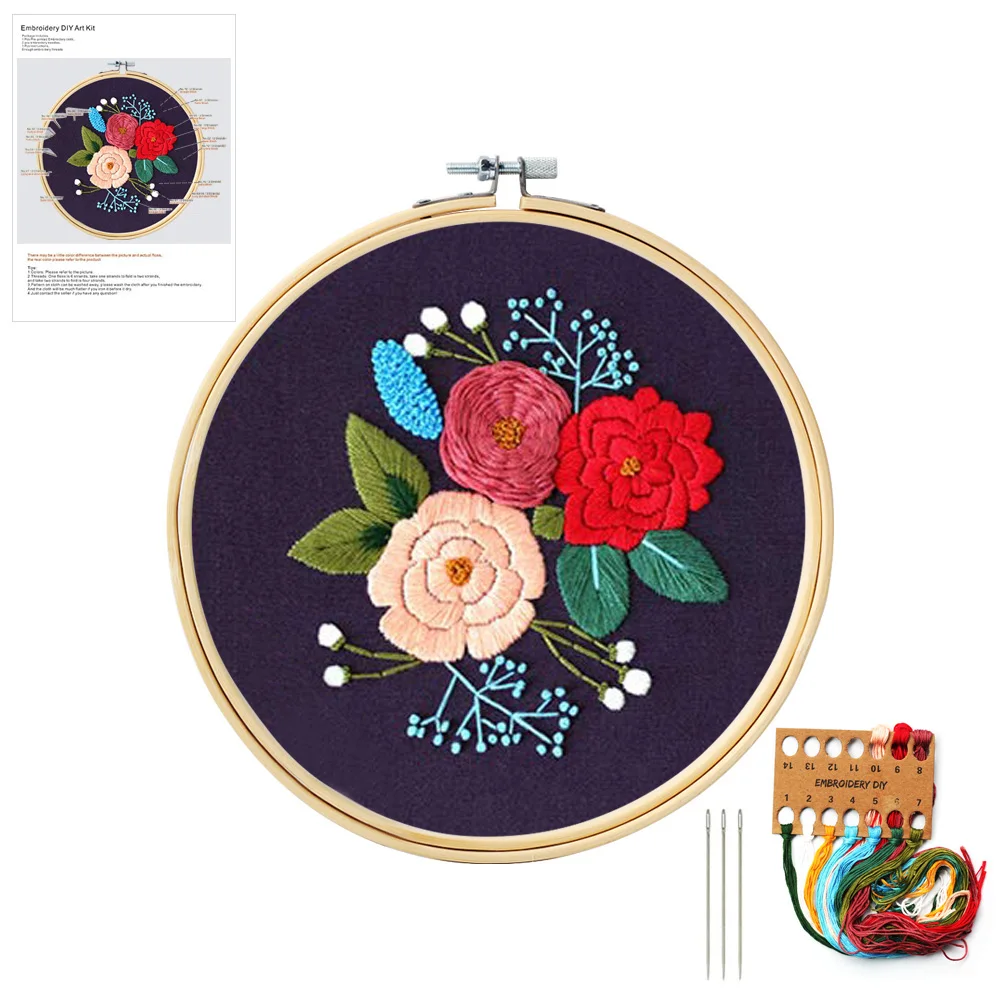 Embroidery Starter Kit European Pattern Instructions Cross Stitch Set Flowers Plant Stamped Hoops