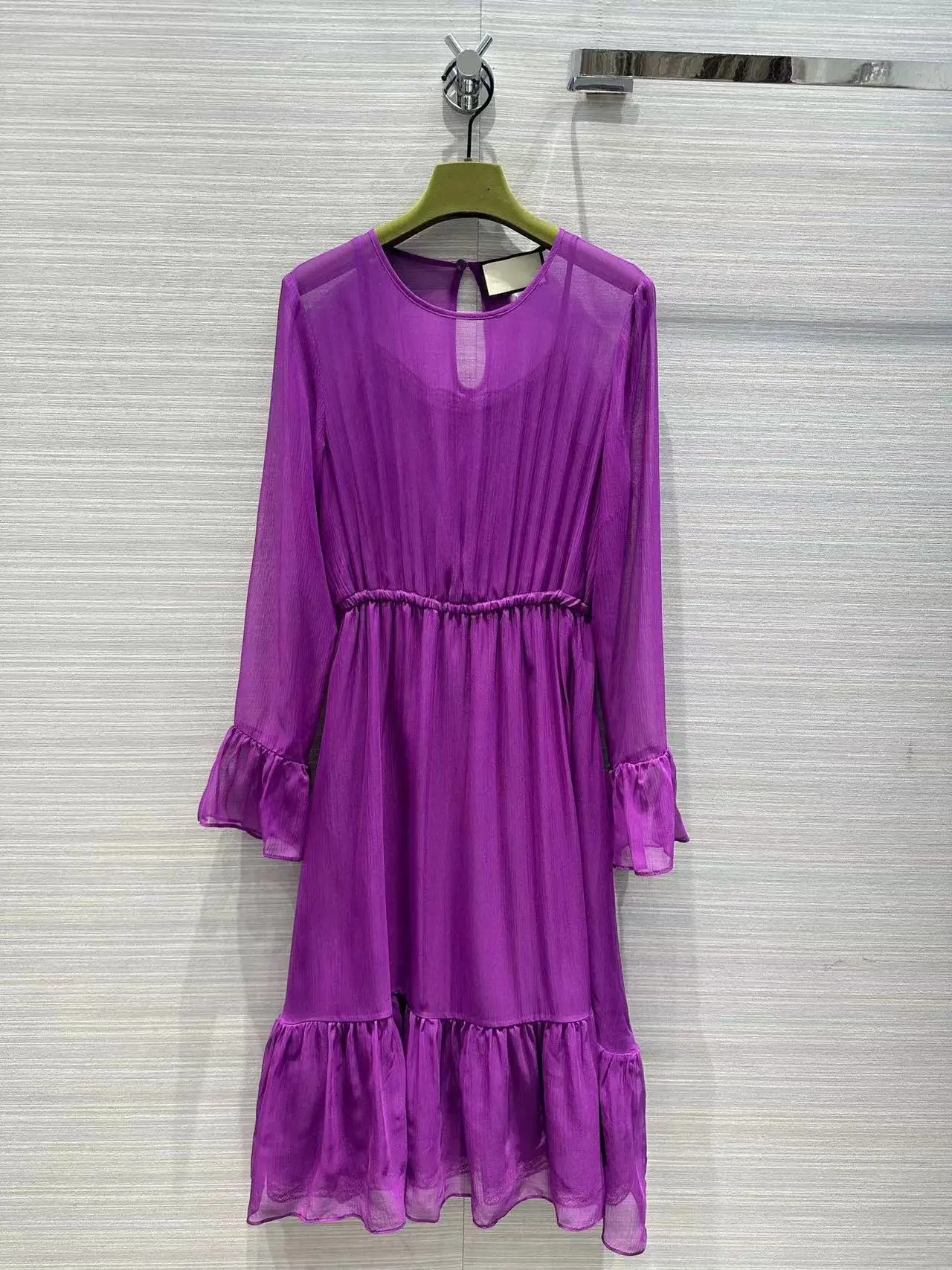 

Runway Designer Summer Solid Dress Women 2023 Fashion Long Flare Sleeve Silk Waist Elastic Midi Party Vestidos Lady