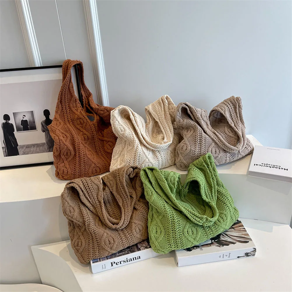 Wool Knitted Shoulder Shopping Bag for Women Vintage Cotton Cloth Girls Tote Shopper Bag Large Female Handbag Crochet Bag 6