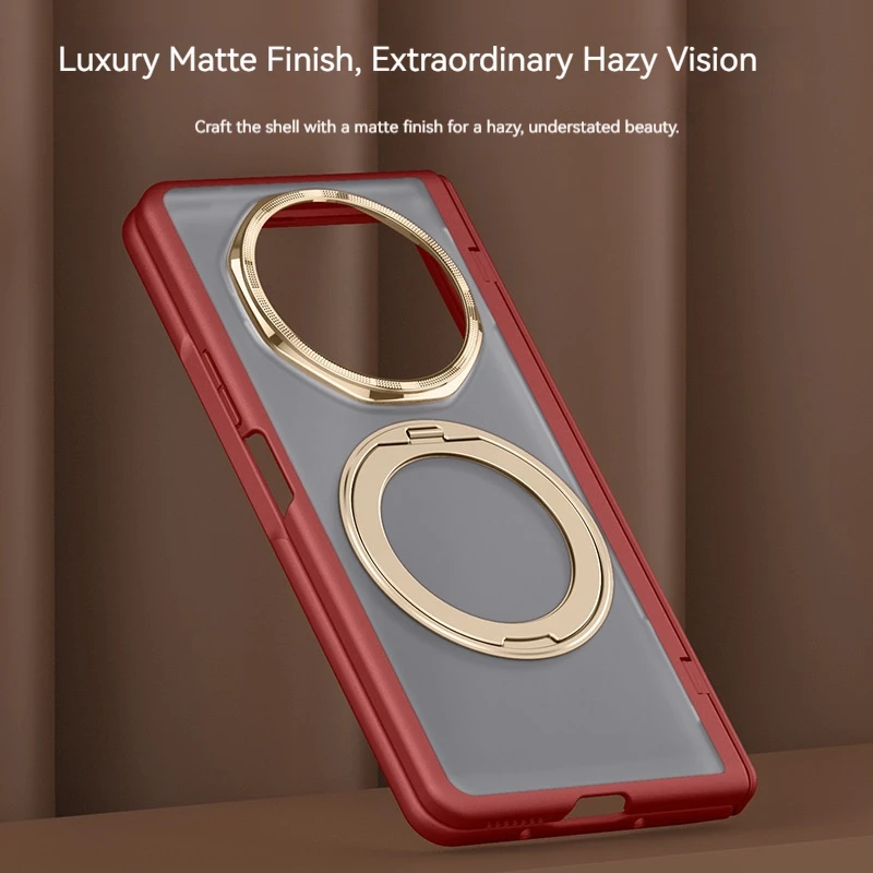 Frosted Transparent Magnetic Phone Case with Metal Rotating Bracket and Tempered Glass Protection