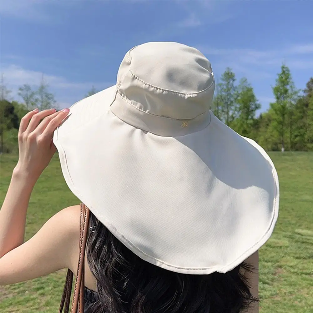 Wide Brim Sun Hat Women Anti-UV Protection Hiking Fisherman Cap Fold Summer Solid Beach Hat Neck Protection Sun Visors 4