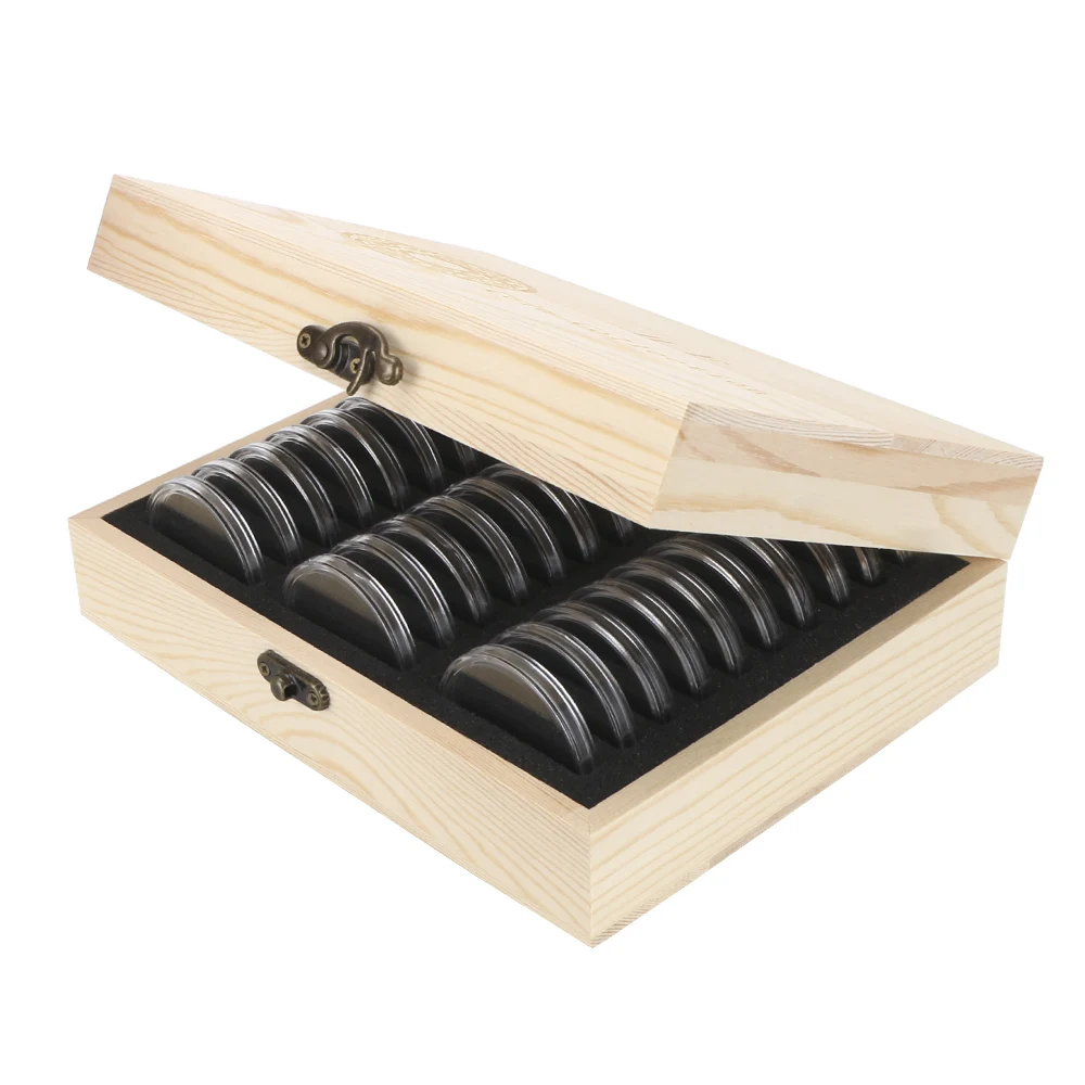 Coins Storage Box 20/30/50/100PCS Adjustable Antioxidative Wooden Commemorative Coin Collection Case with Adjustment Pad