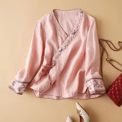 Women's Cotton & Linen Embroidered Retro Loose Fit Top - XXXL (Pink)