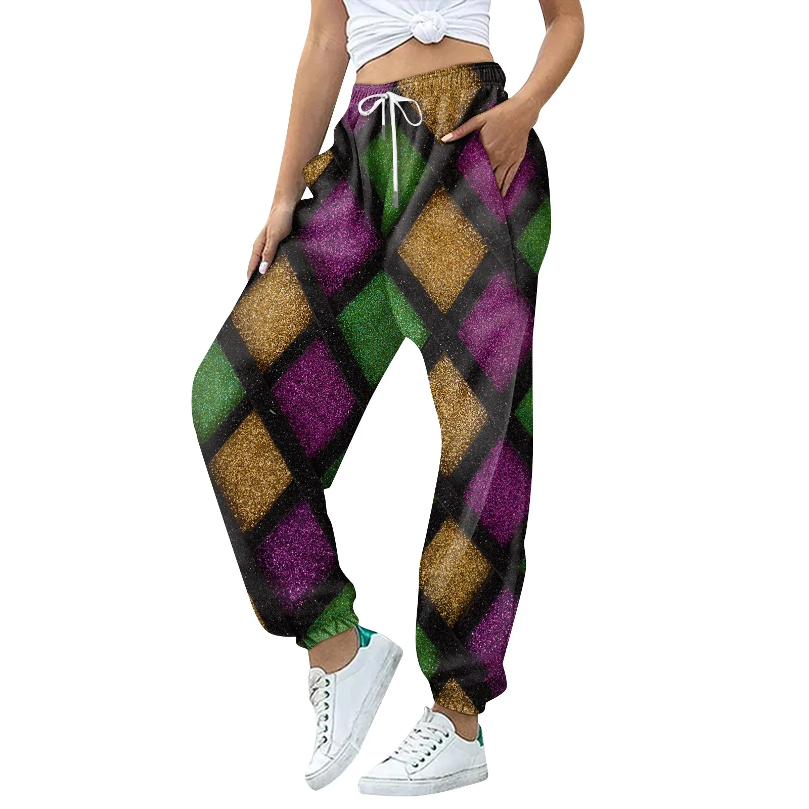 

Ladies Plaid Sweatpants Womens Casual Carnival Print Drawstring Elasticated Waist Fleece Lined Pants Jogger Sports Trousers 2024