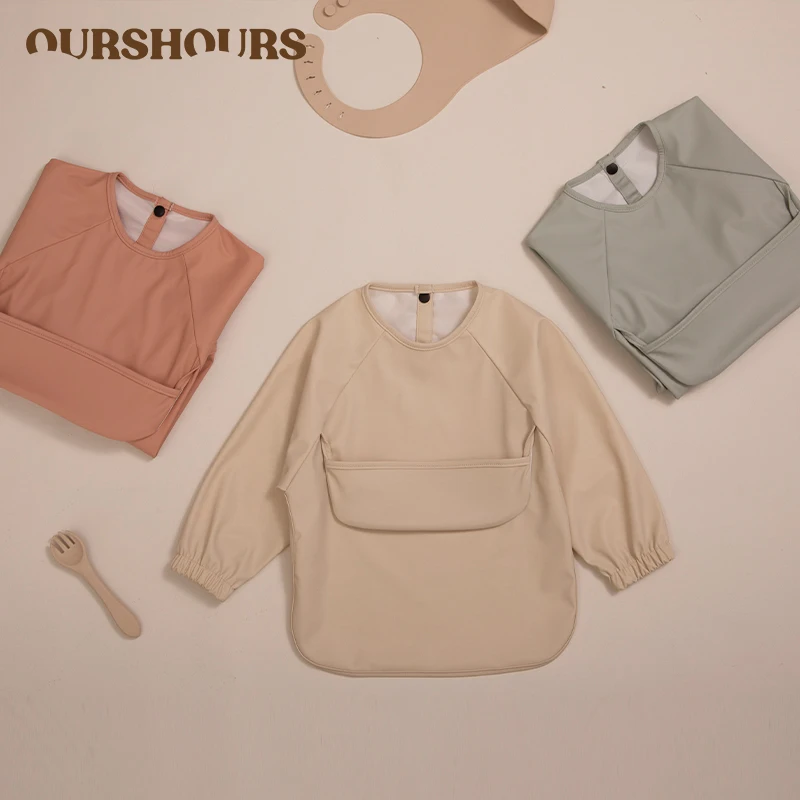 

Solid Color Baby Bibs Waterproof Infant Toddler Long Sleeved Smock Children Feeding Apron With Pocket Easy Clean Bib Baby Stuff