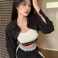 Chemises Super courtes pour femmes, Streetwear, taille haute, manches longues, couleur unie, hauts courts assortis, nouvelle mode d'été 6