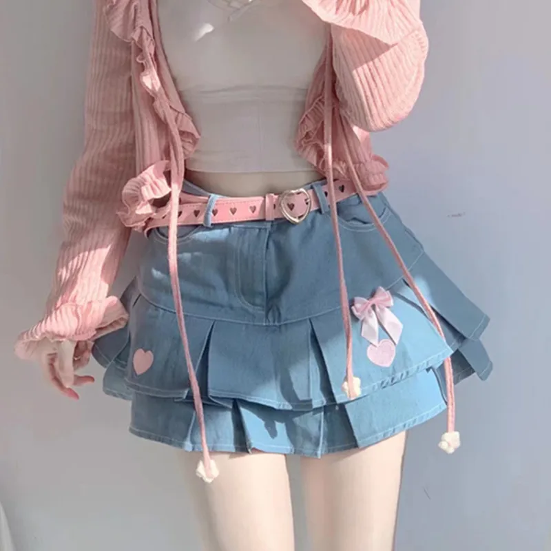 

Summer Sweet Lolita Denim Skirt Girls Cute High Waist Casual Bow Tiered Skirts Women Korean Hearts Embroidery Sexy Mini Skirt