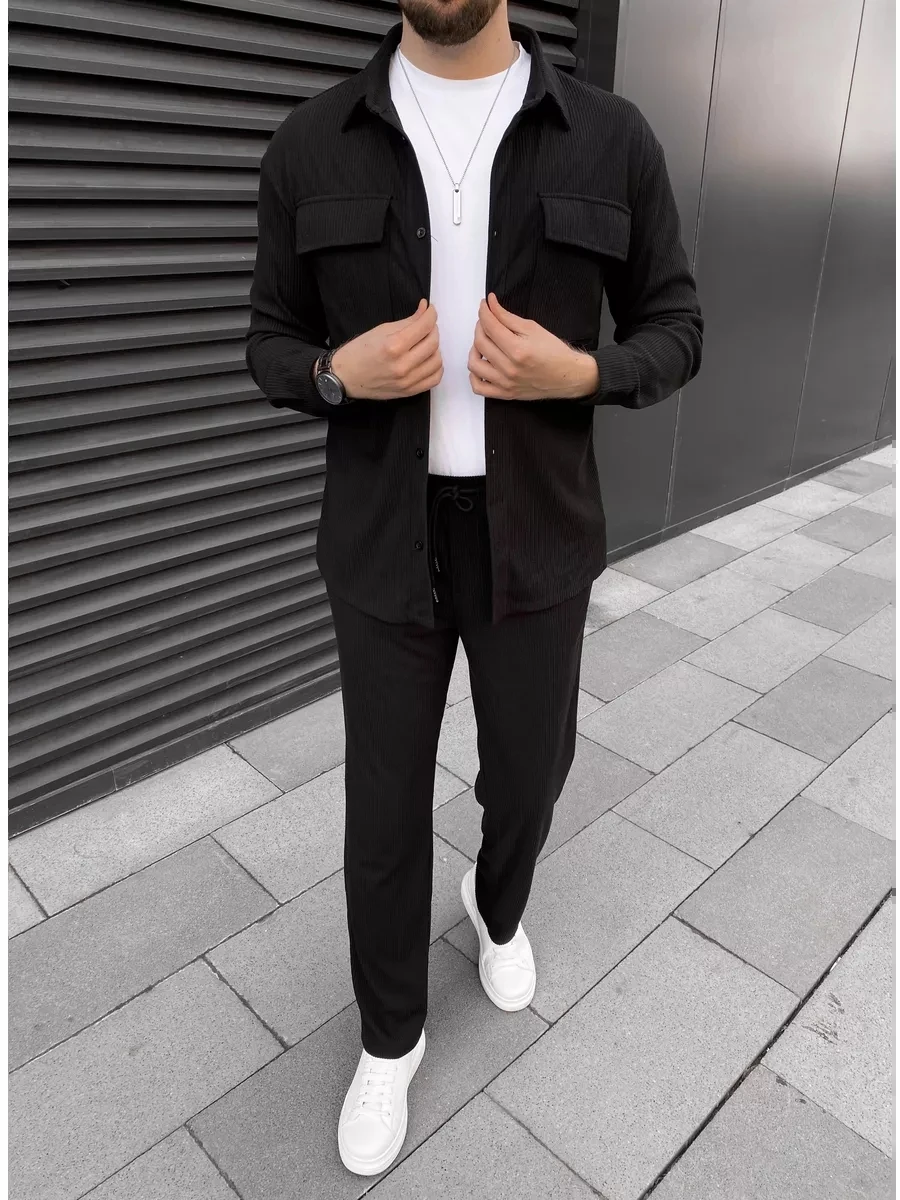 2025 Men's simple new front buckle lapel double pocket long sleeve two-piece casual sports solid color striped fashion comfortab 3