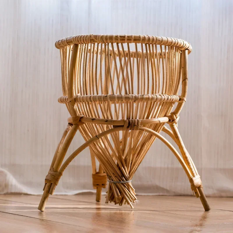 Creative Landing Flower Stand Green Plant Potted Showcase Natural Rattan Woven Basket for Living Room Balcony Shelving Display