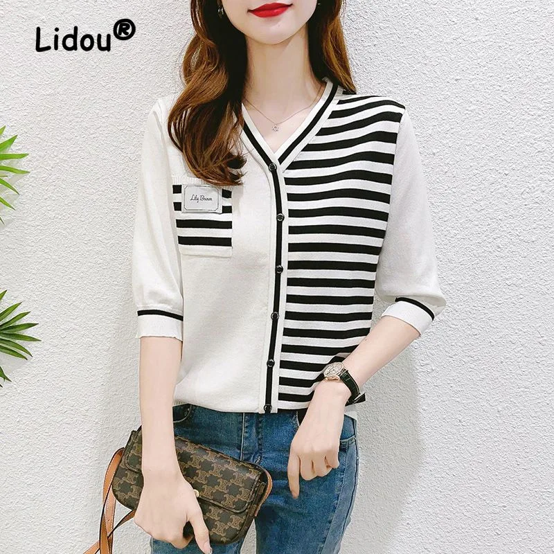 Casual Color Matching Striped Single-breasted Blouse Women Classic Half Sleeve Ice Silk Knitting V-neck Office All-match Shirt