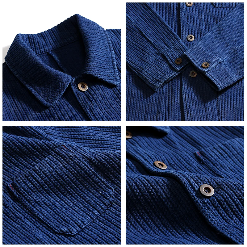 Indigo Cargo Jacket Men Vintage Heavy Weight Cotton Blue Dyed Workwear Tooling Jacket French Retro Multi-pocket Cardigan Coat 4