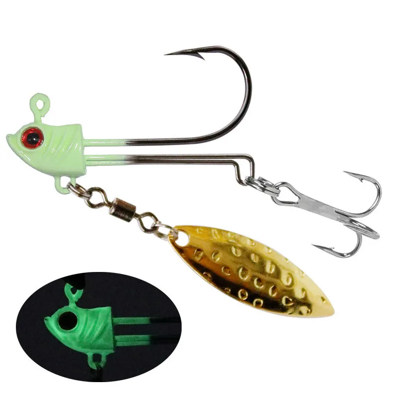 1 piece Jig Head Fishing Hook with Spinner Blade 7g 10g 17g Luminous Barbed  Fishhook For Soft Worm Lure