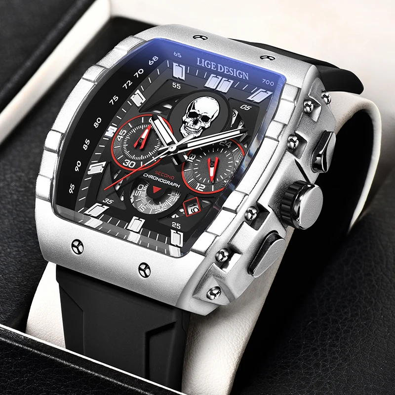 Lige Brand Watch Men Skeleton Skull Dial Sport Army Watches Mens Fashion Luxury Orologio Al Quarzo Impermeabile Cronografo Montre Homme