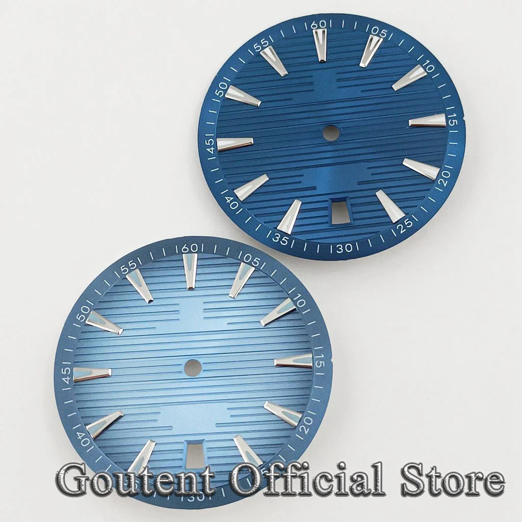 Goutent 33.3mm Black White Blue​ Fit NH35 Automatic Movement Green Luminous 6 o'clock Crown Date Window