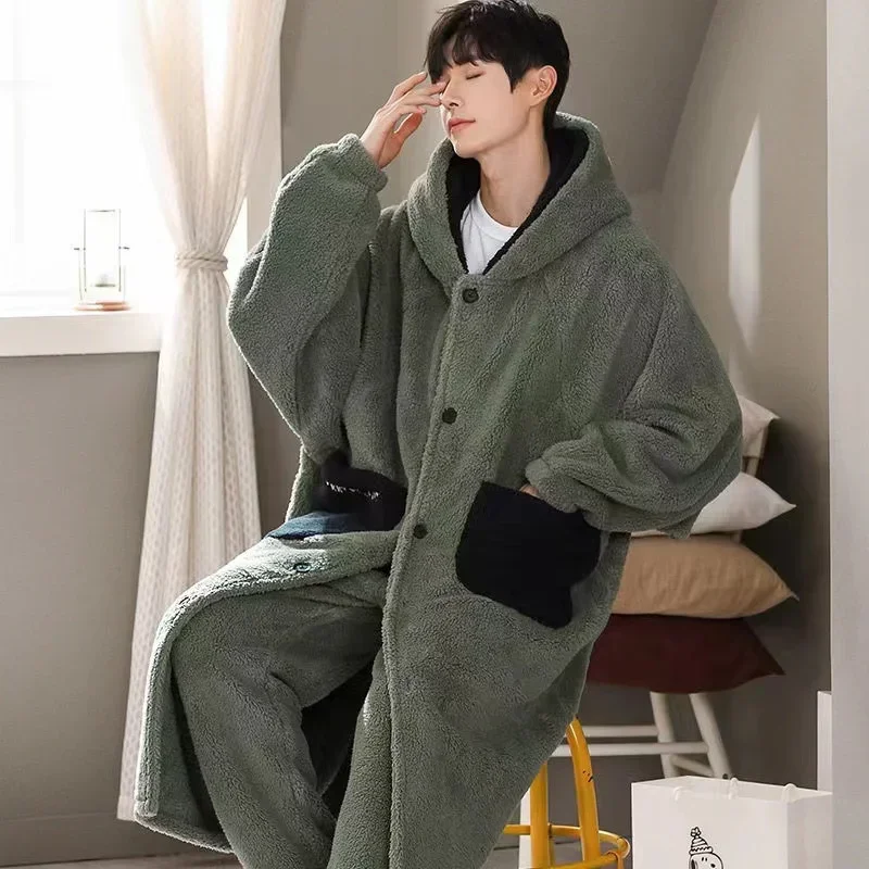 

Nightwear Two Sets Coral Winter Male Fleece Home Bathrobe Hooded Warm Loungewear Men's Suits Pijama Pieces Clothes Thicken