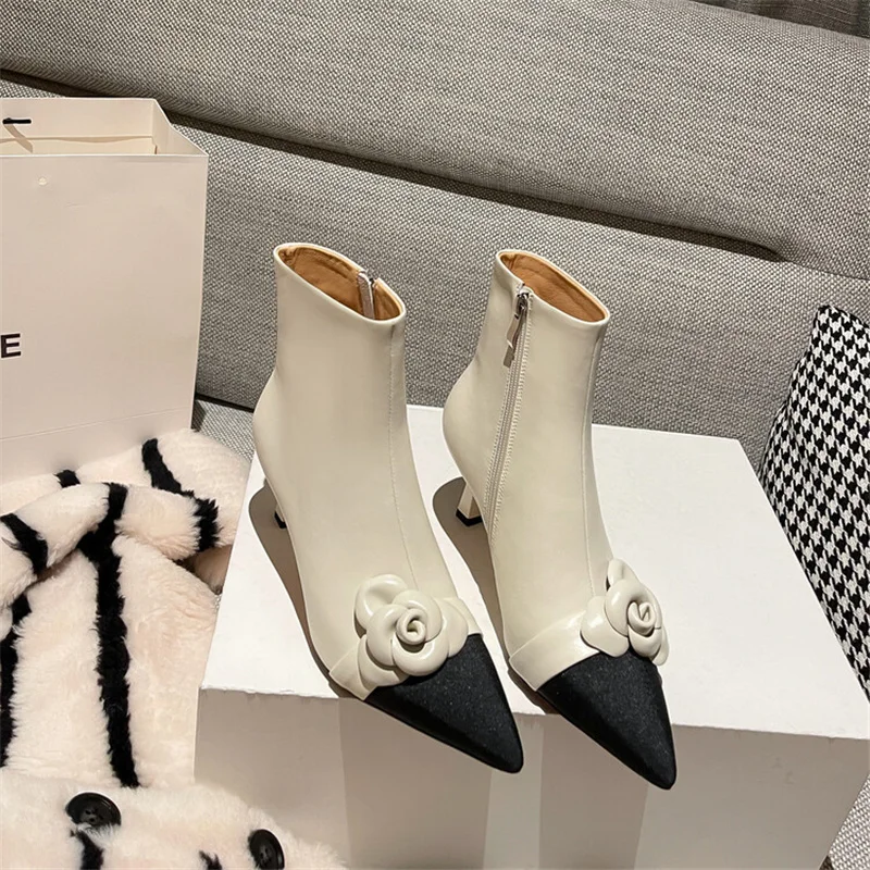 

Floral Colorblock Pointed Toe Booties Side Zipper Ankle Boots Elegant Short Botas Femininas Winter Outside Lady Woman Shoes