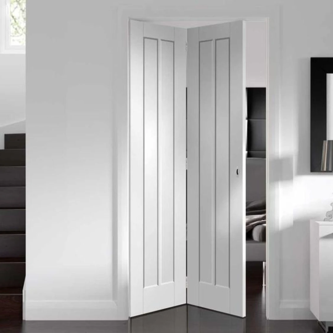 House Decoration 2 Panel White Bifold Closet Door Top Arch Panel Solid Wood Folding Sliding Doors 5
