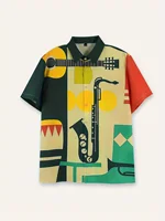 Men's Cartoon Musical Instruments Pattern Short Sleeve Shirt Button Casual Shirt Summer Vacation Men's Oversized Clothing 2