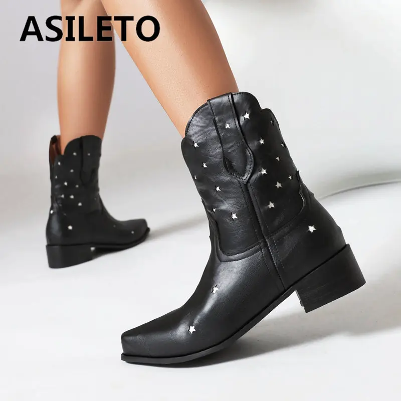 

ASILETO Brand Western Women Ankle Boots Square Toe Block Heel 3cm Slip On Hollow Big Size 46 47 48 Casual Daily Female Booties