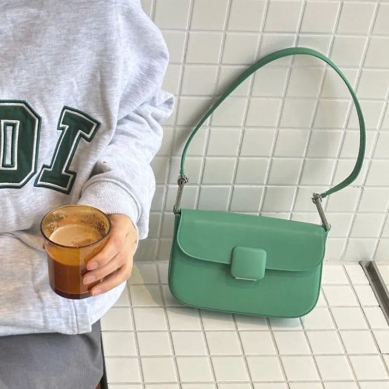 Retro Green Sle Shoulder Bags Women Small Square Buckle Leather Large Capacity Crossbody Bag Ladies Casual Commute Underarm Bag