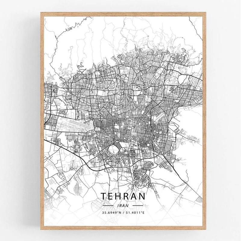 Тегеран Иран Тель-Авив Израиль этан Индия карта городов мира черно-белый плакат