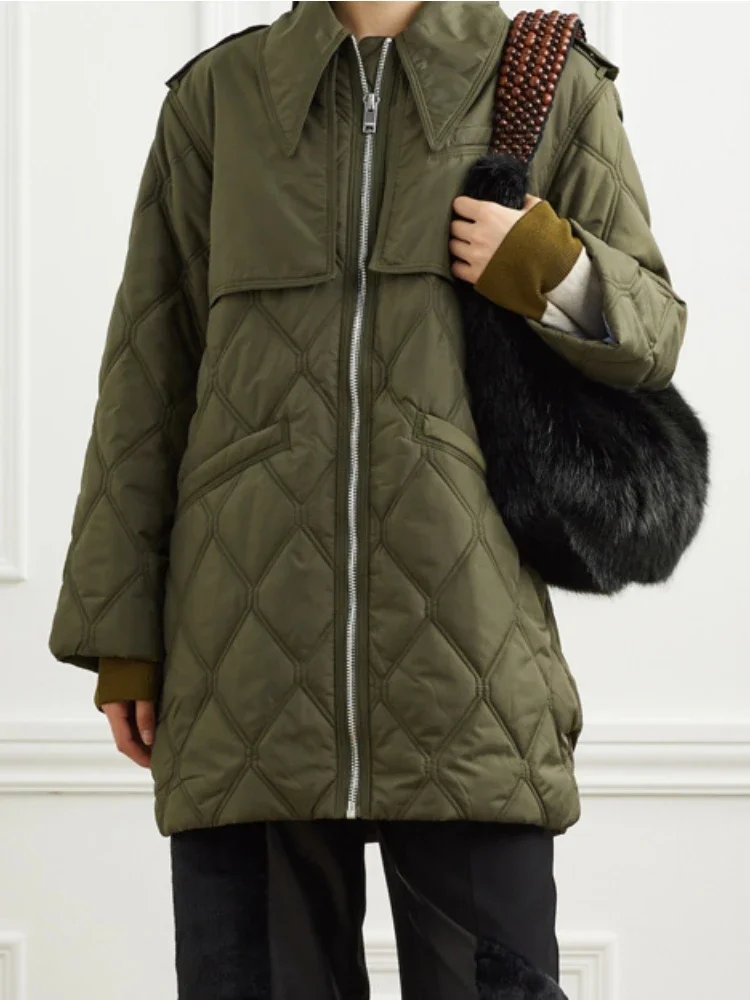 

2022 Autumn Winter Quilted Thin Jacket with Pointed Collar Medium Length Coat
