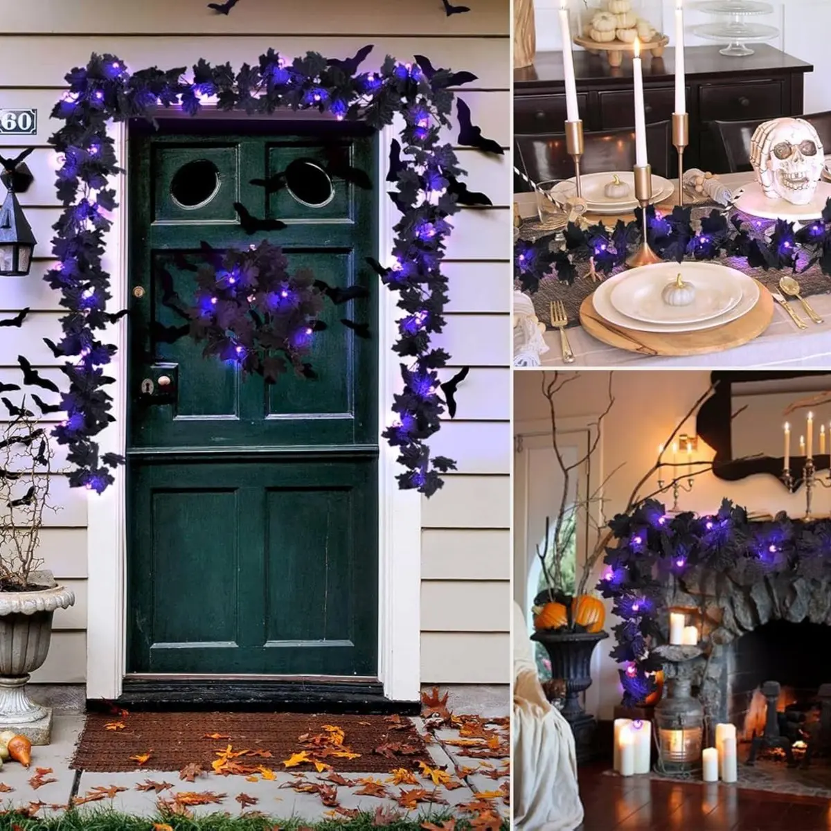 Halloween LED Black Leaf Garland - Battery Powered Fall Vine with Purple Lights