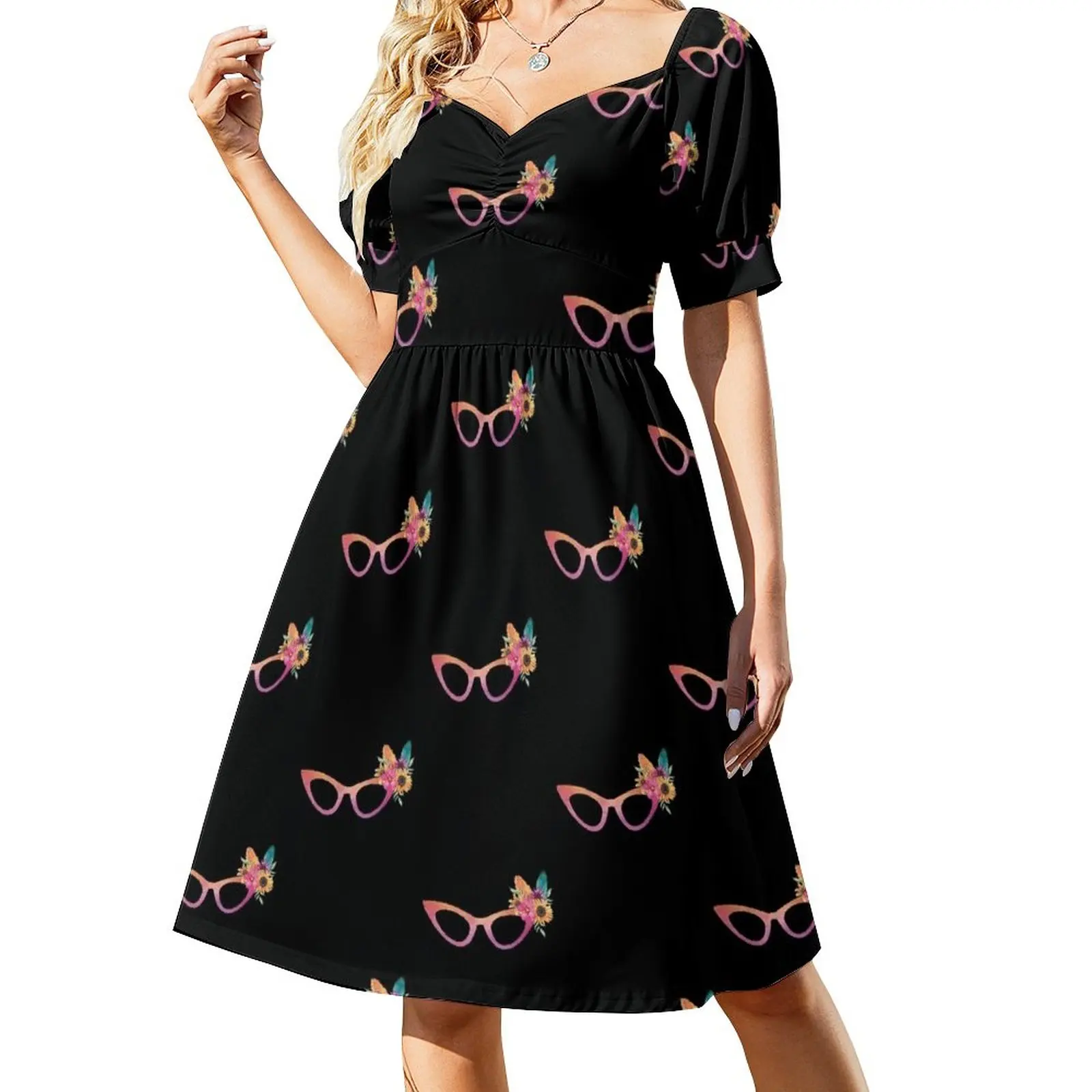 

Cat Eyeglasses With A Floral And Feather Bouquet Sleeveless Dress fairy dress elegant dresses for women