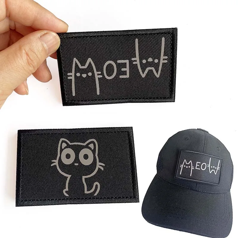 Cute Cartoon Kitten Meow Patch - Reflective Hook & Loop Applique for Clothes and Backpacks