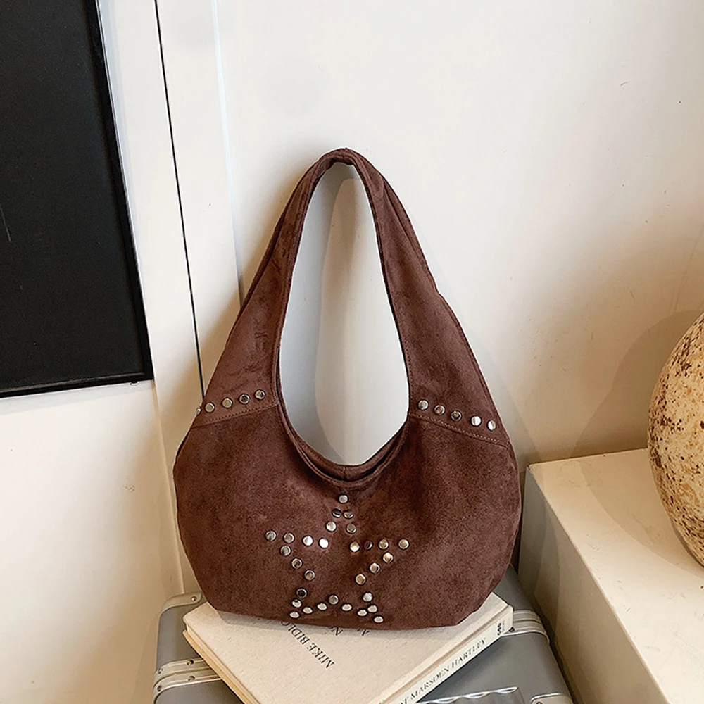 Women's Suede Bag Large Capacity Retro Y2k Star Rivet Decor Underarm Bags Punk Fashion Shoulder Storage Winter Commuter Handbag