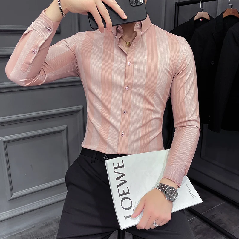 

Autumn New Striped Long Sleeve Shirt Men's Korean Slim Business Dress Shirts Casual Streetwear Social Party Tuxedo Chemise Homme