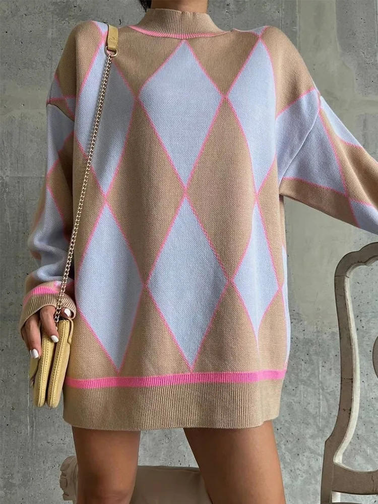 

Geometric Diamond Knitted Sweater Women Coats Autumn Winter Large Sweater Lady Loose American Fashion Jumpers Long Knitwear 2022