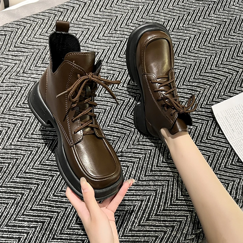 Ladies Shoes 2023 Hot Sale Lace Up Women's Boots Autumn Round Toe Solid Naked Boots Platform Mid Heel Water Proof Fashion Boots