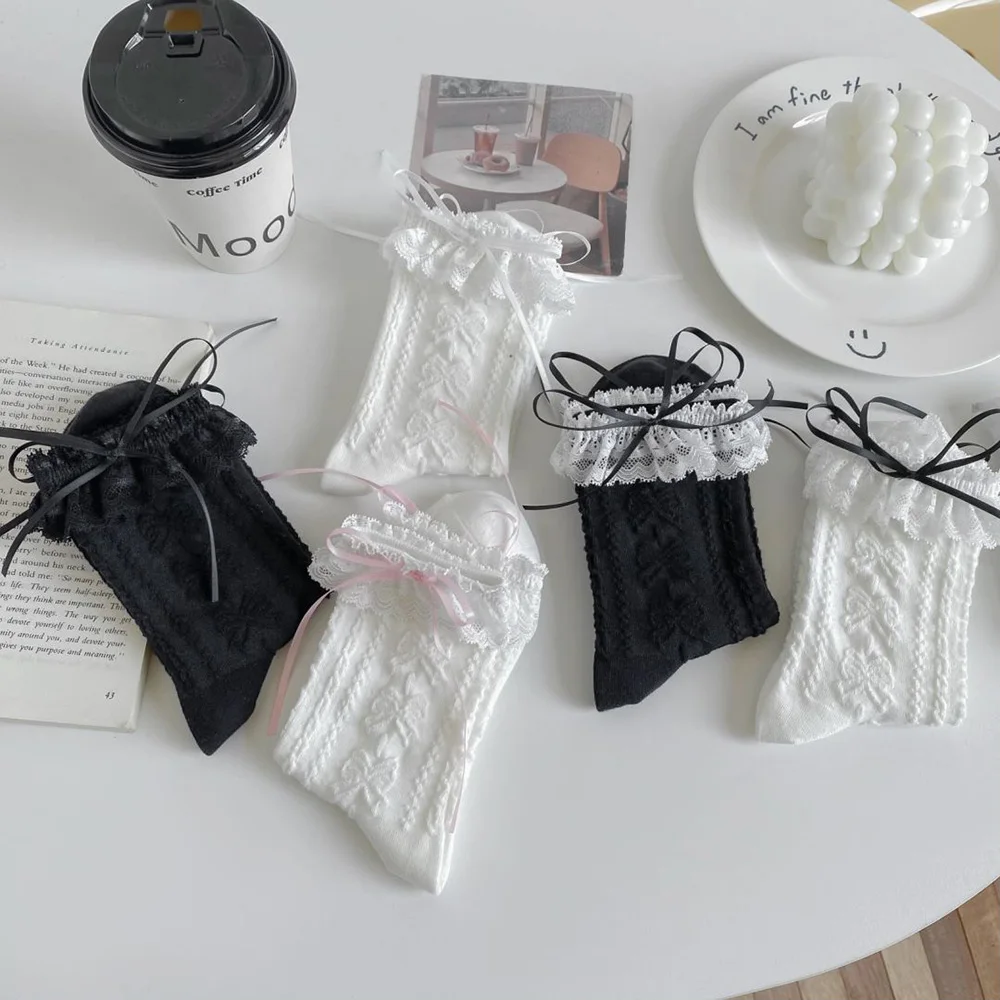 5 Paar Mode trend ige Bogen Frauen Socken niedlich süße Kontrast Spitze koreanischen Stil Mittel rohr Herbst Winter Straße lässig lange Socken – Detail 4