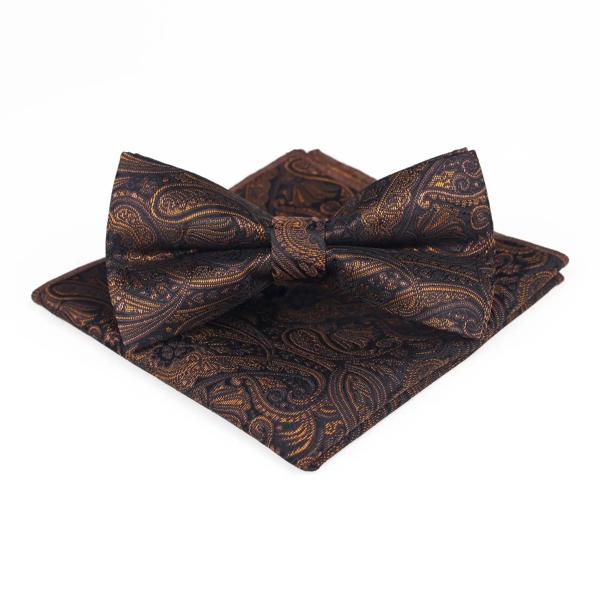 

2PCS Bow Tie Set Flower Paisley Bowtie For Men Khaki Pocket Square Polyester Handkerchief Party Casual Shirt Tuxedo Accessories